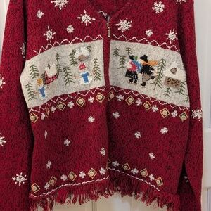 Red Festive Sweater with Snowflake and Forest Design